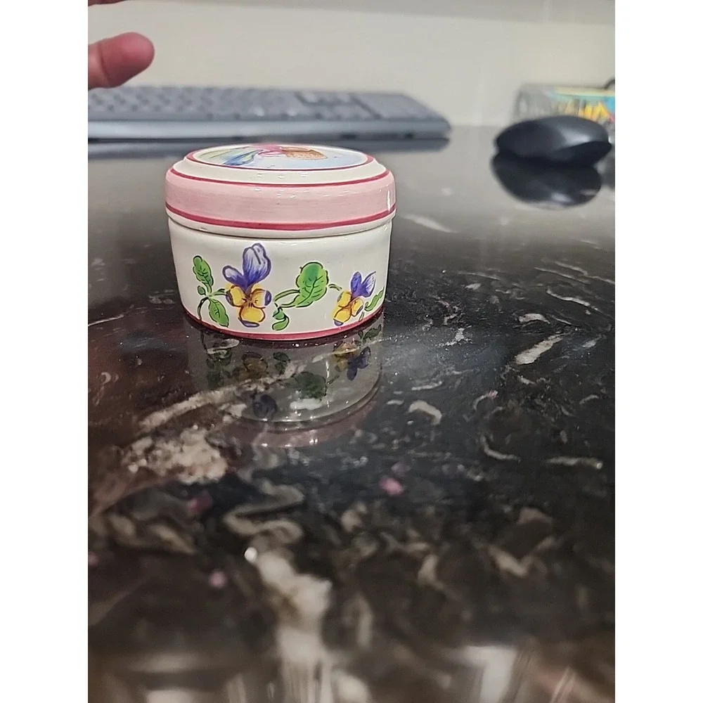 Vintage Small Hand Painted Trinket Box- Nantucket Basket & Flowers Signed France